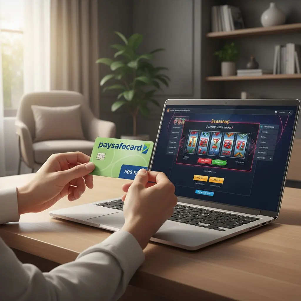 Ruce drží paysafecard 500 Kč a notebook s online kasinem.